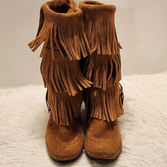 🤎 Minnetonka Brown 3-Layer Fringe Boots 1638 Size 7 - Picture 3 of 10
